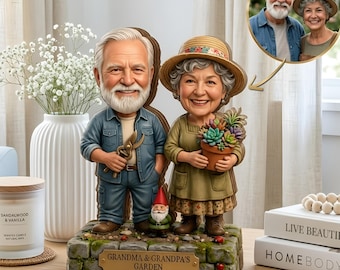 Custom Grandparents Garden Gnome 2D FLAT Wooden Block, Unique Photo Family Gardening Plaque, Grandma Grandpa Gardening Lover Caricature