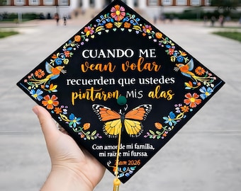 Personalized Spanish Graduation Cap Topper, Mexican Grad Cap Topper, Latina Grad Cap Decor, Monarch Butterfly Grad Cap, Hispanic graduation