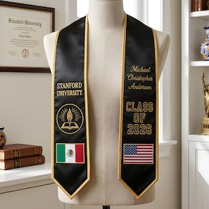 Embroidered Custom Graduation Stole with Two Flags, Class of 2026 Grad Gift, Personalized Embroidered Graduation Sash, Mexico US Stole