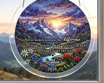 Custom Mountain Acrylic Puzzle Suncatcher, Personalized Retirement Gift for Coworker, Window Hanging Decor, Nature Landscape Sun Catcher Art