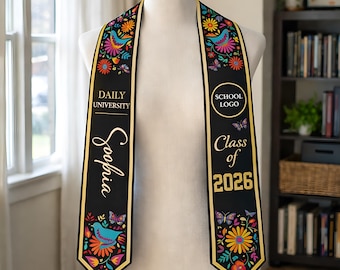 Personalized Graduation Stole Class of 2026, Mexican Floral Graduation Stole, Floral Otomi Design Sash, Latina Graduate Gift, Flower Stole