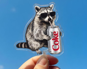 Raccoon Drinking Diet Soda Badge Reel, Funny Raccoon ID Holder, Retractable Nurse Badge Reel, Office Badge Clip, Raccoon Drinking Soda badge