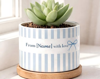 Personalized Coquette Striped Plant Pot, Blue Striped Ceramic Pot, Aesthetic Birthday Gift for Mom Grandma, Small Flower Pot, New Mom Gift
