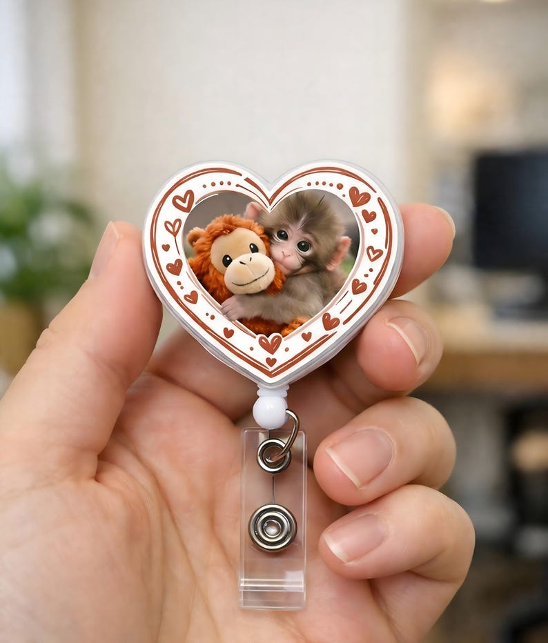 May include: A heart-shaped retractable badge holder featuring a photo of two monkeys hugging. The white border is decorated with brown hearts. The badge reel has a clear plastic strap and a white button.
