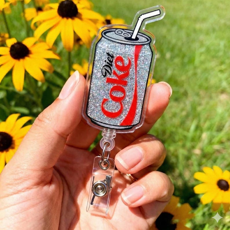 May include: A Diet Coke badge reel shaped like a soda can, featuring a silver glitter effect and a red Coke logo. The reel has a clear plastic retractable cord and a clip for attaching to clothing.