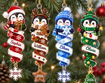 Custom Name Spiral Ornament, Penguin Christmas Ornament, Penguin Xmas Tree Decoration, Penguin Christmas Gift for Kids, Custom Name Ornament