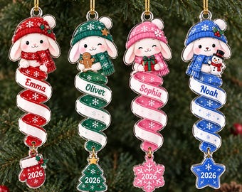 Personalized Spiral Bunny Christmas Ornament 2026, Custom Name Rabbit Ornament, Cute Kids Christmas Keepsake, Holiday Tree Decoration Gift
