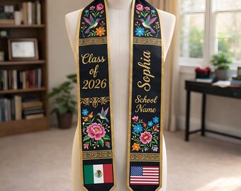 Personalized Flag Graduation Stole, Custom Mexican Grad Sash, Two Flag Stoles, Class of 2026, Latino Grad Gift, College Graduation Sash