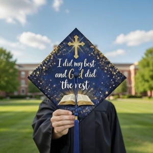 May include: A graduation cap with a navy blue background and gold accents. The cap features the text "I did my best and God did the rest" with a gold cross and an open book illustration. A blue tassel hangs from the cap.