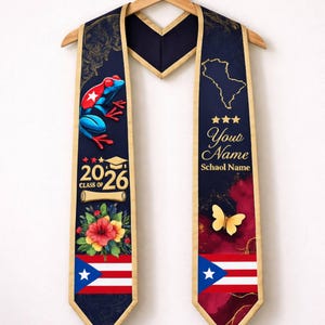 Custom Puerto Rico Graduation Stole 2026, Coqui Frog with Flag, Boricua Pride Stole, Floral Puerto Rico Flag Sash, Puerto Rican Grad Sash
