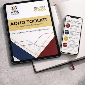 May include: An ADHD Toolkit displayed on a tablet and smartphone, with the text "ADHD TOOLKIT For Overwhelm & Task Paralysis." The tablet shows a graphic with red, blue, and gold elements. The smartphone displays a guide on how to use the three-pile system.