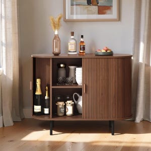 Walnut Tambour Door Sideboard, Modern Curved Storage Console, Adjustable Shelves