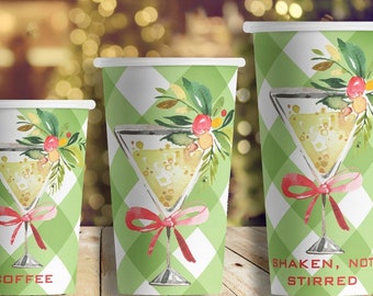Watercolor Holiday Martini Hot/Cold Paper Party Cups; 4 sizes; plain or personalized - Set of 12