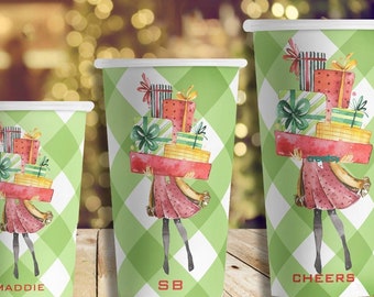 Watercolor Holiday Gifts Hot/Cold Paper Party Cups; 4 sizes; plain or personalized - Set of 12