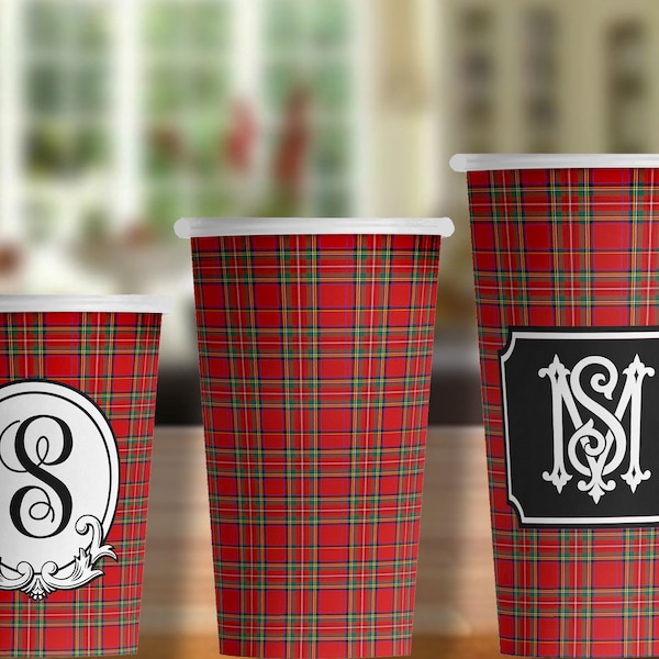 Red Tartan Royal Stewart Hot/Cold Paper Party Cups; 4 sizes; plain or personalized - Set of 12