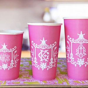 Hot Pink Pagoda Chinoiserie Monogram Paper Party Cups in 4 sizes - Set of 12