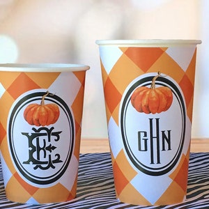 Personalized Orange Gingham Fall Hot/Cold Paper Party Cups - 4 sizes - Set of 12