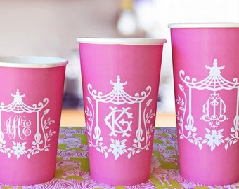 Hot Pink Pagoda Chinoiserie Monogram Paper Party Cups in 4 sizes - Set of 12