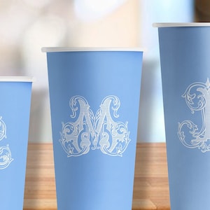 Blue Antique Single Monogram Party Hot/Cold Cups in 4 sizes - Set of 12
