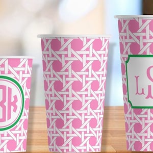 Pink Cane Trellis Print Hot/Cold Paper Party Cups 4 sizes personalized or plain Set of 12 image 1