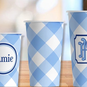 Light Blue Gingham Hot/Cold Paper Party Cups - 4 sizes; personalized or plain - Set of 12