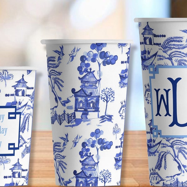 Blue Willow Hot/Cold Paper Party Cups - 4 sizes; personalized or plain - Set of 12