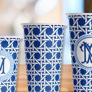 Blue Trellis Print Hot/Cold Paper Party Cups - 4 sizes; personalized or plain - Set of 12