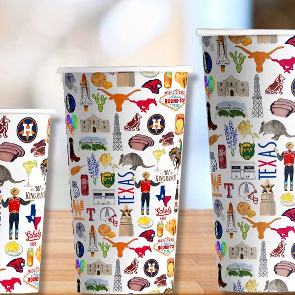 Iconic State of Texas Watercolor Hot/Cold Paper Party Cups - 4 sizes - Set of 12
