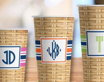 Wicker and Striped Personalized Paper Party Cups in 4 sizes - Set of 12