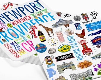 May include: A stack of white coasters featuring colourful illustrations of Rhode Island landmarks, including the State House, WaterFire, and the Newport Bridge. The coasters feature the text "Rhode Island" and "Providence".
