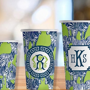 Kiwi and Navy Zebra Hot/Cold Paper Party Cups in 4 sizes - Set of 12