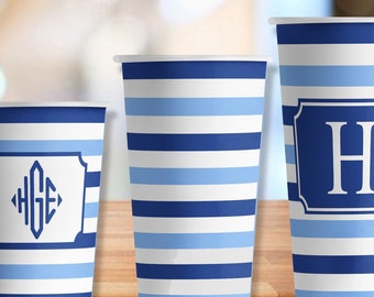 Blue Striped Paper Party Hot/Cold Cups in 4 sizes - Set of 12