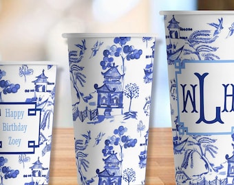 Blue Willow Hot/Cold Paper Party Cups - 4 sizes; personalized or plain - Set of 12