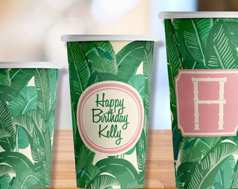 Personalized or Plain Tropical Banana Leaf Hot/Cold Paper Party Cups - 4 sizes -Set of 12