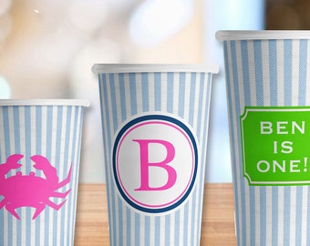 Personalized Blue Seersucker Paper Party Cups in 4 sizes - Set of 12