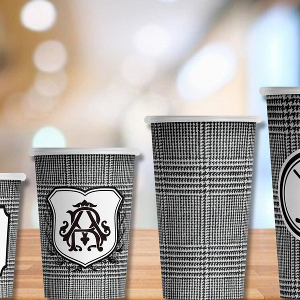 Monogram or Plain Black Prince of Wales Tweed Hot/Cold Paper Party Cups - 4 sizes - Set of 12