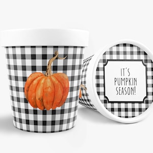 Large 16 oz. Black and White Gingham/Pumpkin Ice Cream, Soup, Favor Cup with Lids - Set of 12