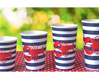 Striped Lobster Hot/Cold Paper Party Cups - 4 sizes - Set of 12