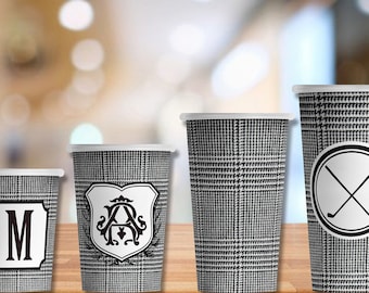 Monogram or Plain Black Prince of Wales Tweed Hot/Cold Paper Party Cups - 4 sizes - Set of 12