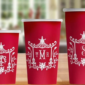 Red Pagoda Monogram Hot/Cold Paper Party Cups; 4 sizes; plain or personalized - Set of 12