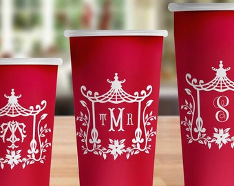 Red Pagoda Monogram Hot/Cold Paper Party Cups; 4 sizes; plain or personalized - Set of 12