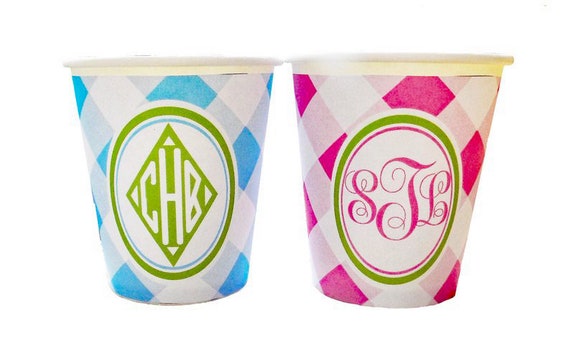 NEW! 72 Colors - Gingham Personalized Cups Hot/Cold Paper Party Cups in 4 Sizes - Set of 12 Il_570xn