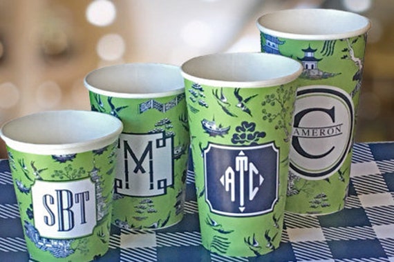 NEW! Personalized Kiwi and Navy Chinoiserie Hot/Cold Paper Party Cups in 4 sizes - Set of 12 Il_570xn