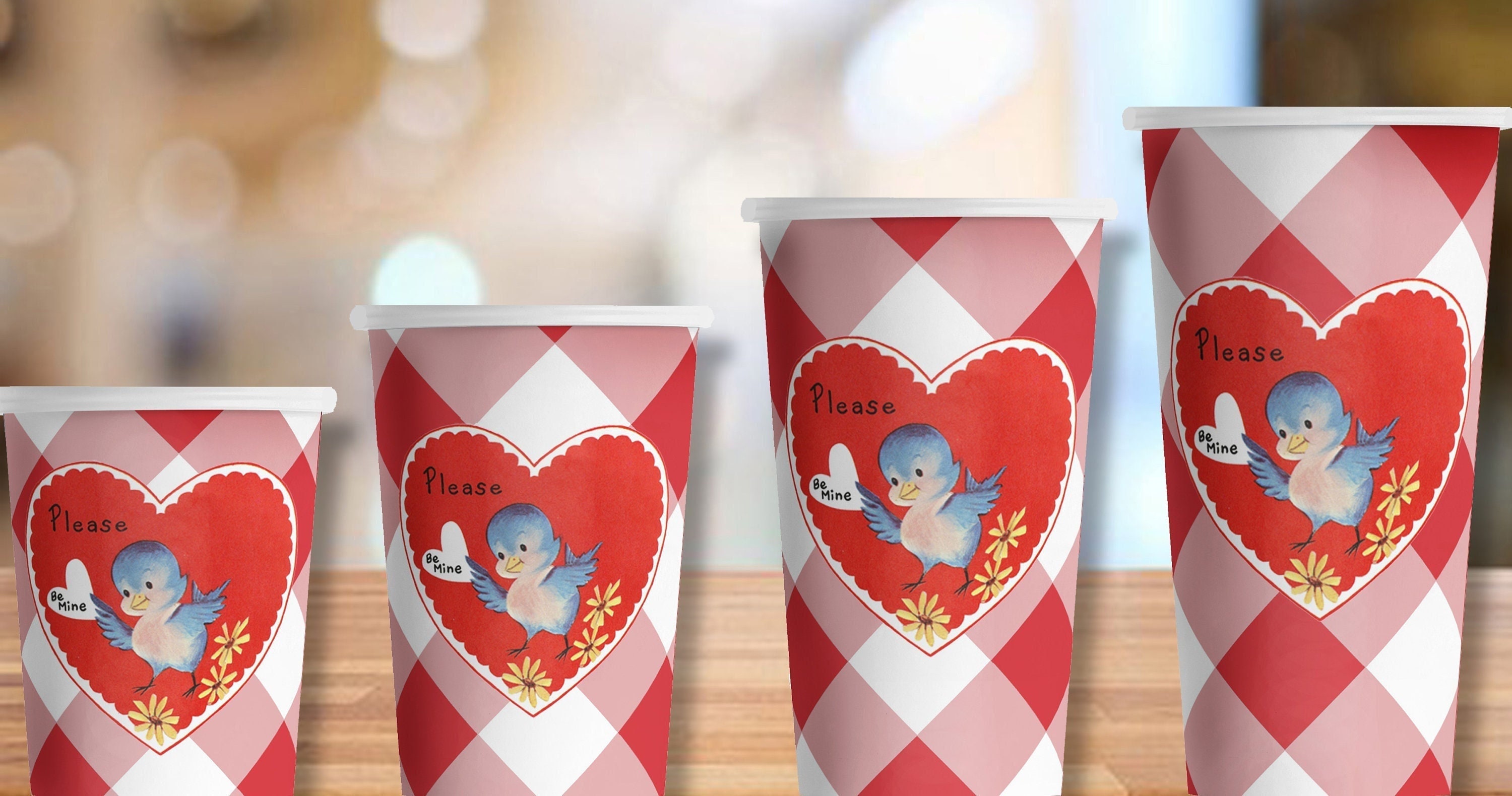 Vintage Valentine Paper Party Cups in 4 sizes - Set of 12
