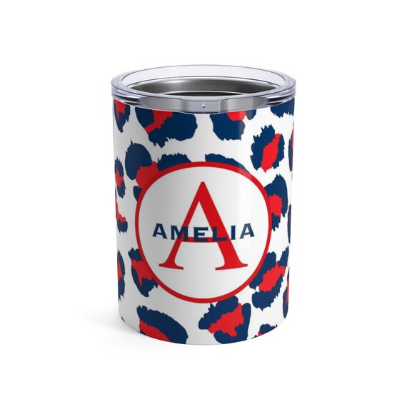 NEW! Personalized 10 oz stainless steel red and navy leopard print tumbler Il_570xn