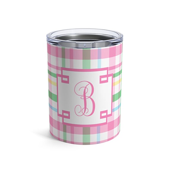 Pink and Green Madras 10 ounce stainless tumbler - Personalized or Plain Il_570xn