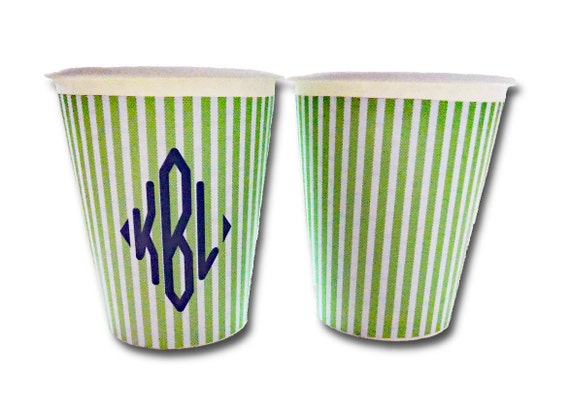 Monogram or Plain Green Seersucker Hot/Cold Paper Party Cups - Set of 12 Il_570xn