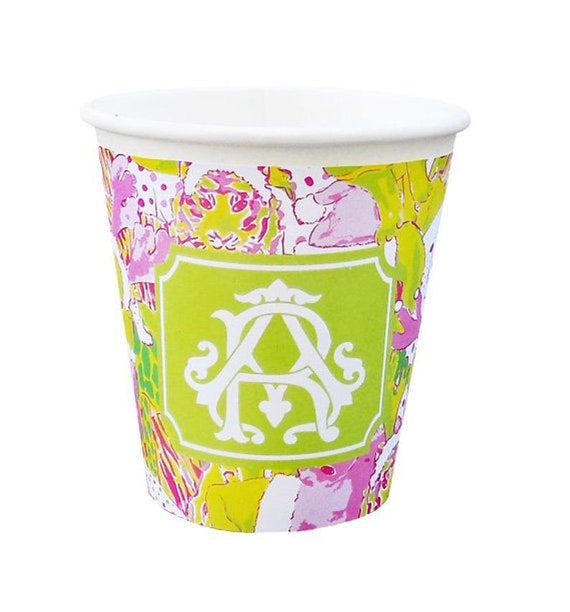 Personalized Lilly-Style Pink and Green Christmas Hot/Cold Paper Party Cups - Set of 12 Il_570xn