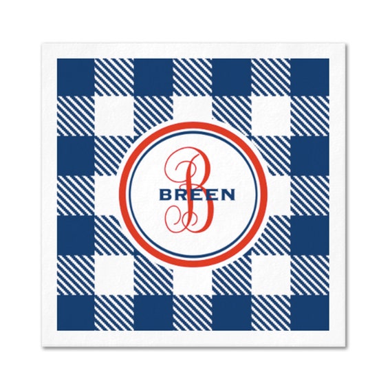 NEW! Full-color, Navy and White Monogrammed Buffalo Plaid Paper Cocktail Napkins Il_570xn