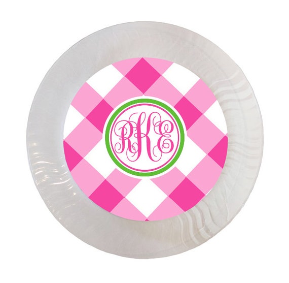 Personalized Hot Pink Gingham Plastic Party Plates - Set of 12 Il_570xn